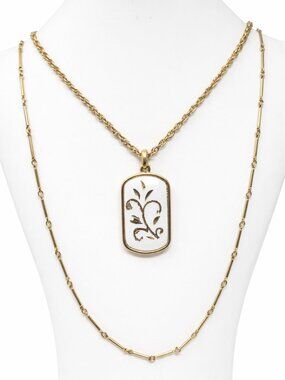 Vintage Gold Tone White Enamel Pendant Necklace Gold Foil Inlay 21”